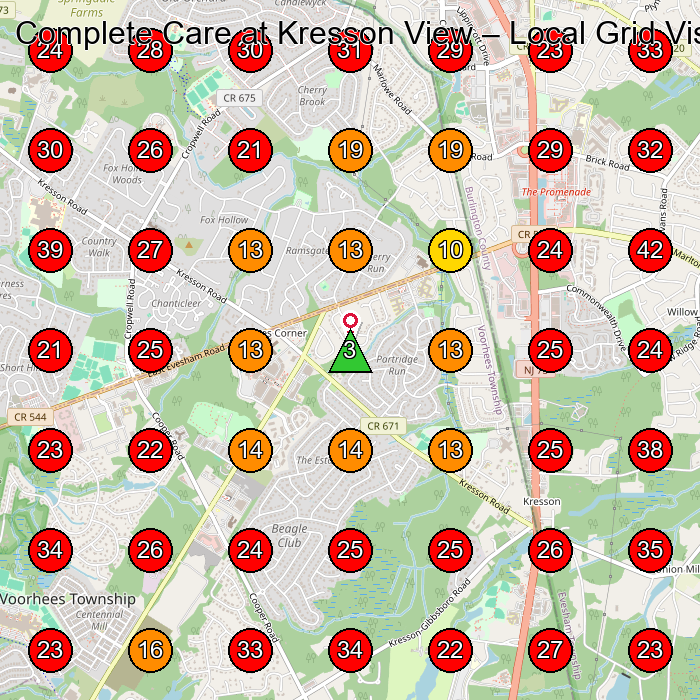 Complete Care at Kresson View GeoGrid visibility map for Lawn Care Service in Evesham